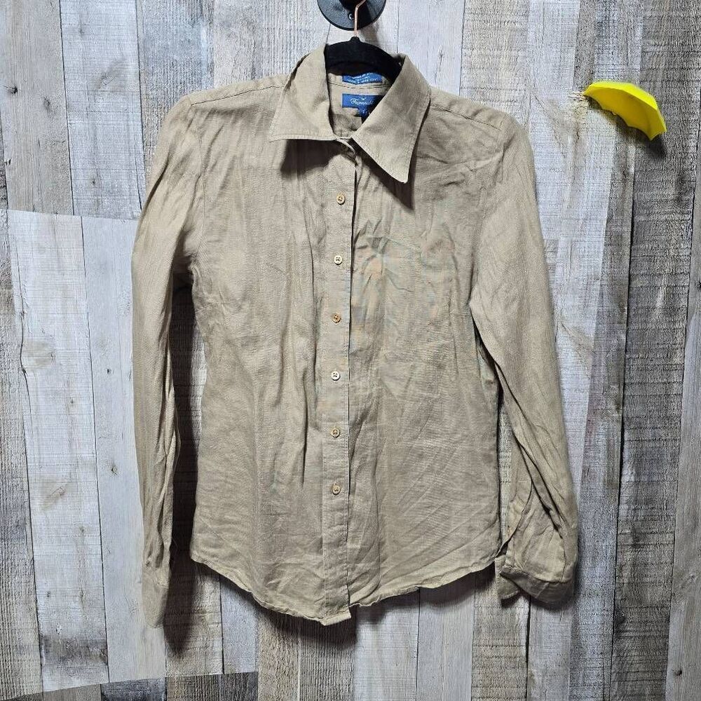 Facconable Beige Tan Linen Button Down Shirt Small Earthy Natural Minimalist